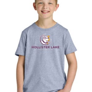 Bright young boy wearing a custom Hollister Lake Elementary T-shirt with school logo, showcasing high-quality screen printing for uniforms and school spirit.