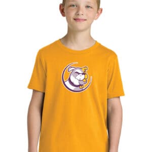 Kids custom printed t-shirt with bulldog logo for school or sports teams.