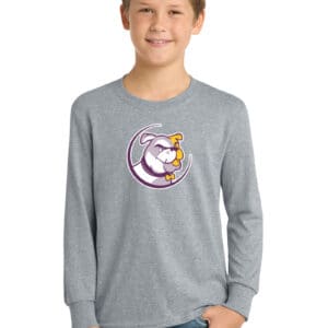 Soft gray youth sweatshirt with custom bulldog mascot logo, perfect for school spirit and team uniforms, made by K&W Printing.