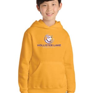 Bright yellow hoodie featuring Hollister Lake Elementary school logo, ideal for school apparel, customizable promotional wear, and team uniforms. Perfect for student comfort and style.