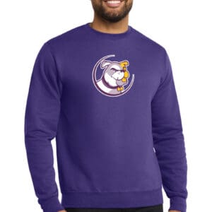 Men's purple crewneck sweatshirt with Custom Bulldog logo print for sports teams and schools.