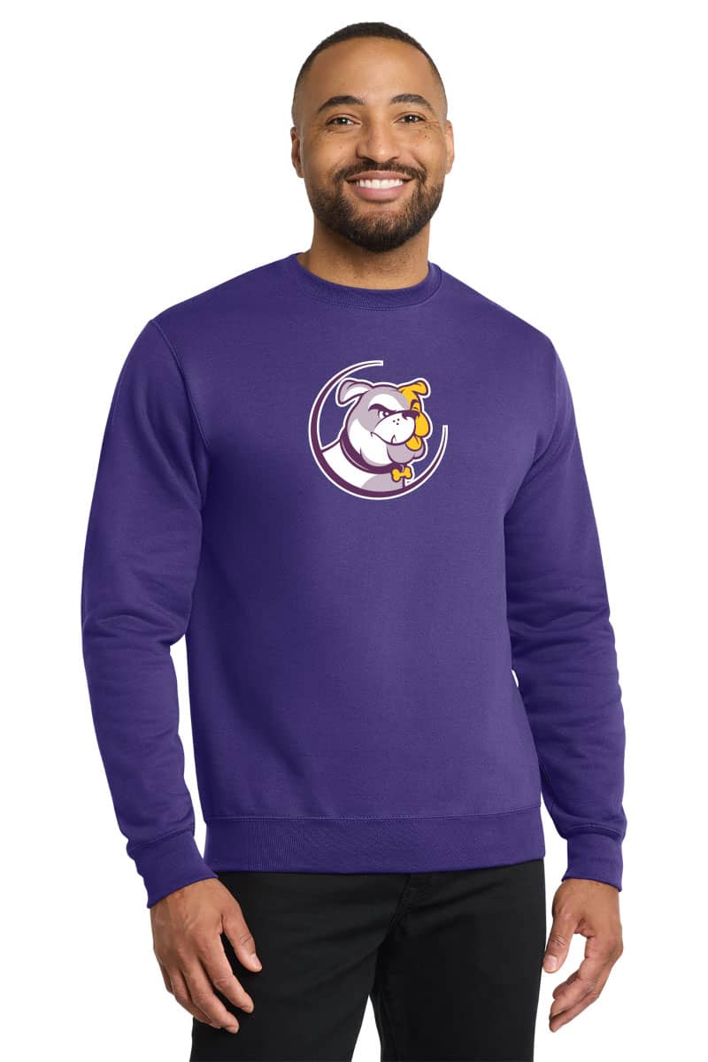 Men's purple crewneck sweatshirt with Custom Bulldog logo print for sports teams and schools.