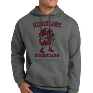 Bold Ridgeline Wrestling hoodie with custom logo, perfect for team sports and athletic wear, featuring high-quality screen printing and comfortable fabric.