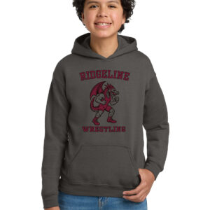 Youth hoodie with Ridgeline Wrestling logo, custom team apparel, sportswear, team hoodies, school spirit clothing, athletic wear, youth sports uniform, embroidered wrestling hoodie.