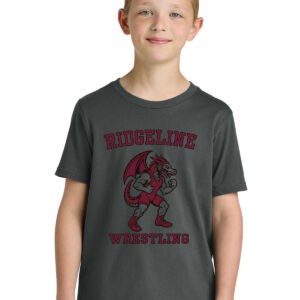 Vibrant custom wrestling t-shirt for kids featuring "Ridgeline Wrestling" design with a fierce dragon mascot. Perfect for sports teams, school events, and youth wrestling teams.