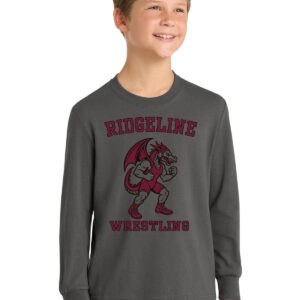 Vibrant youth wrestling team sweatshirt with Ridgeline Wrestling logo, perfect for sports apparel and team uniforms. Customized screen printing for school or club teams.