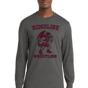 Dragon wrestling graphic on custom long sleeve T-shirt, RIDGELINE WRESTLING design, athletic team apparel for school sports, sportswear, and wrestling team gear.
