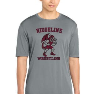 Vibrant gray T-shirt with custom Ridgeline Wrestling logo, perfect for team sports, school events, or sports uniforms, designed for comfort and style.