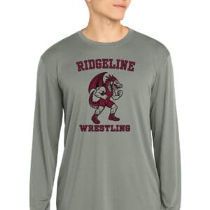 Athletic gray long sleeve shirt with Ridgeline Wrestling logo featuring a fierce dragon mascot, perfect for sports teams and school uniforms, custom printed by K&W Printing.