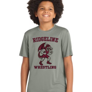 Vibrant team youth wrestling T-shirt featuring RIDGELINE WRESTLING logo with a fierce dragon mascot, ideal for sports teams and athletic events. High-quality custom printed shirt.