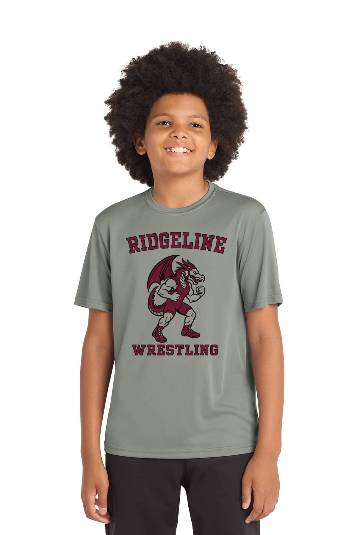 Vibrant team youth wrestling T-shirt featuring RIDGELINE WRESTLING logo with a fierce dragon mascot, ideal for sports teams and athletic events. High-quality custom printed shirt.