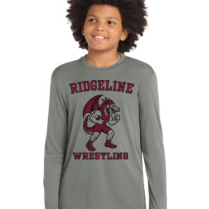 Vibrant custom printed youth long sleeve shirt featuring Ridgeline Wrestling mascot and team name, ideal for school sports teams and youth wrestling apparel.