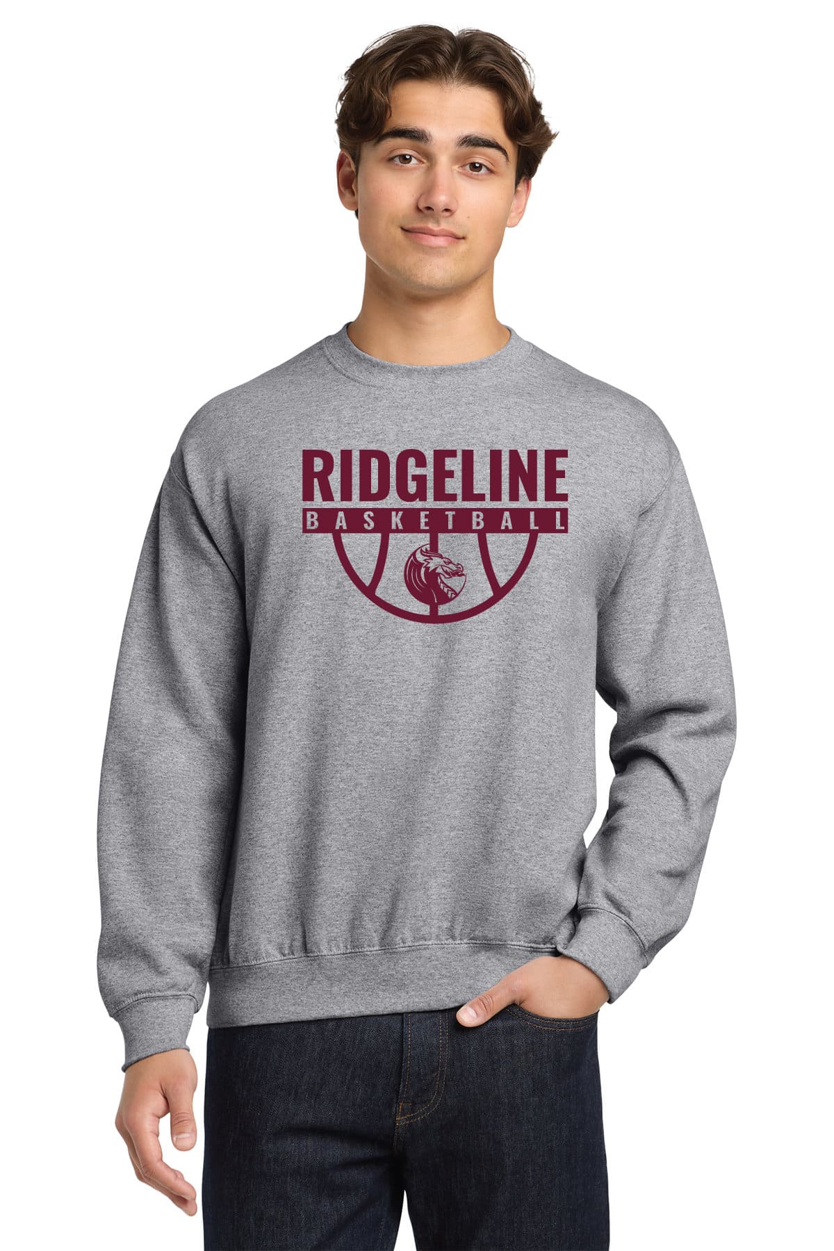 Custom basketball sweatshirt with Ridgeline Basketball logo, sports team apparel, screen printing, and embroidery by K&W Printing for school and team spirit.