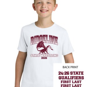 Young boy wearing a RMS State Wrestling 2026 T-shirt with a wrestling graphic, promoting youth wrestling team pride and participation in state qualifiers.