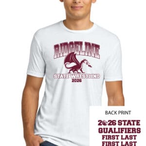 Youth wrestling T-shirt featuring "Ridgeline State Wrestling 2026" design, perfect for RMS wrestling fans and athletes, showcasing team spirit and school pride.