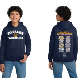 Bright blue youth hoodie featuring "2026 SMS State Champion Wrestling" text and team logo, perfect for young wrestling fans and athletes.