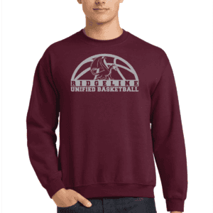 Youth model wearing a maroon RMS Unified Basketball long sleeve cotton shirt with Ridgeline logo and text, ideal for adult and youth sports teams, comfortable and durable.