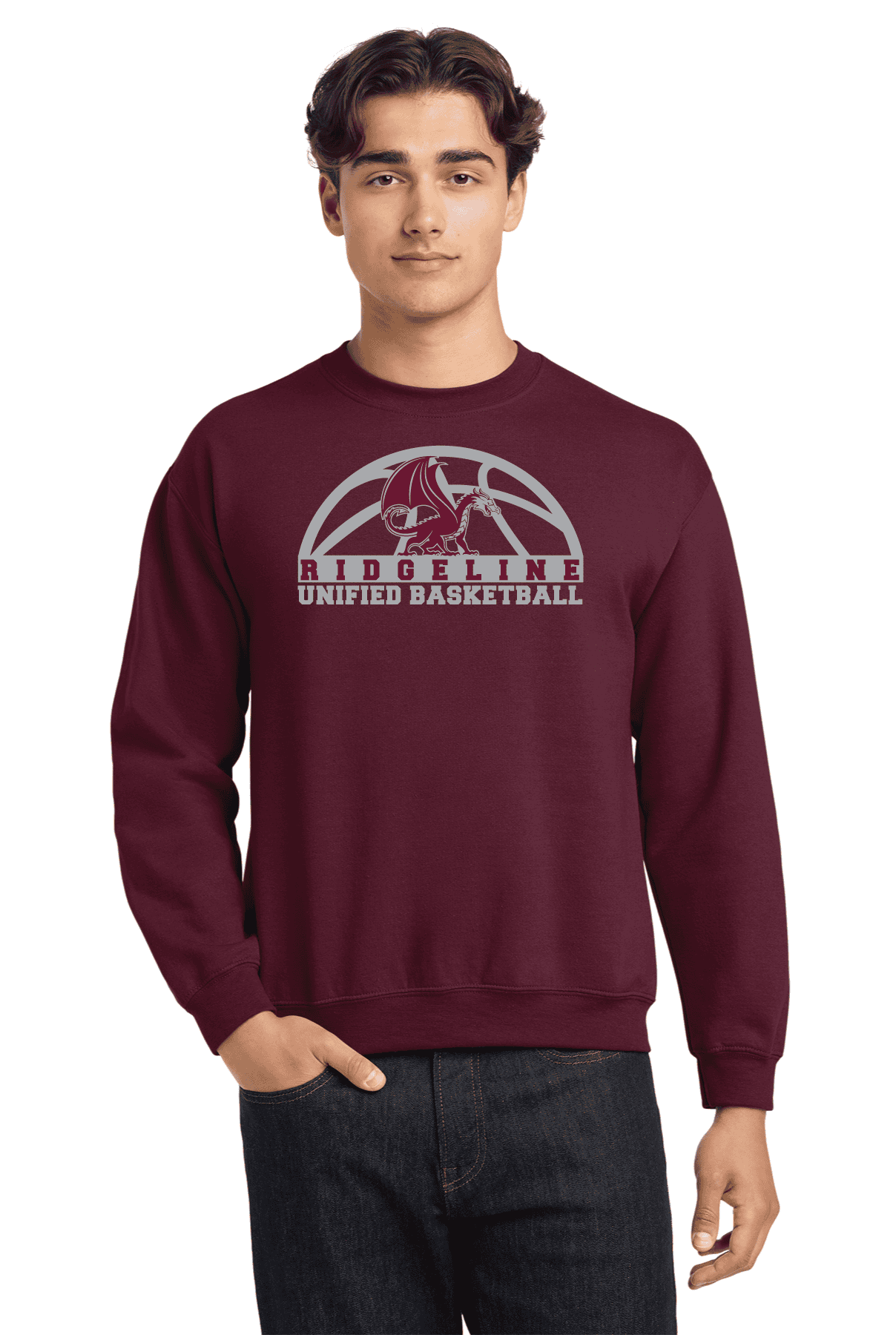 Youth model wearing a maroon RMS Unified Basketball long sleeve cotton shirt with Ridgeline logo and text, ideal for adult and youth sports teams, comfortable and durable.