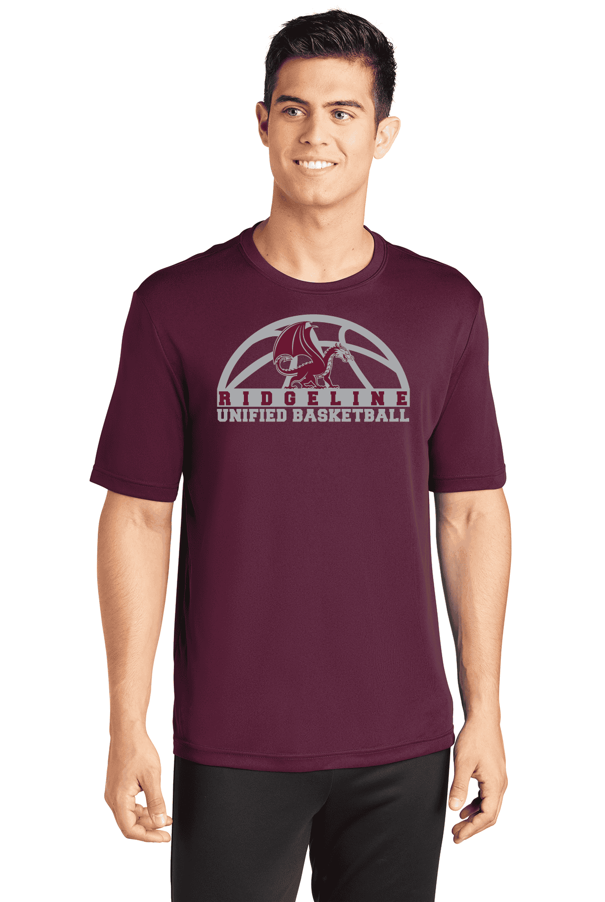 Men's maroon RMS Unified Basketball T-shirt featuring the K& W Printing logo, ideal for adult sports teams and casual wear, made from comfortable cotton fabric.