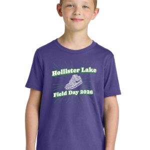 Young boy wearing a purple Hollister Lake Field Day 2026 T-shirt, promoting the 2026 youth event, ideal for school field day activities and youth sports events.