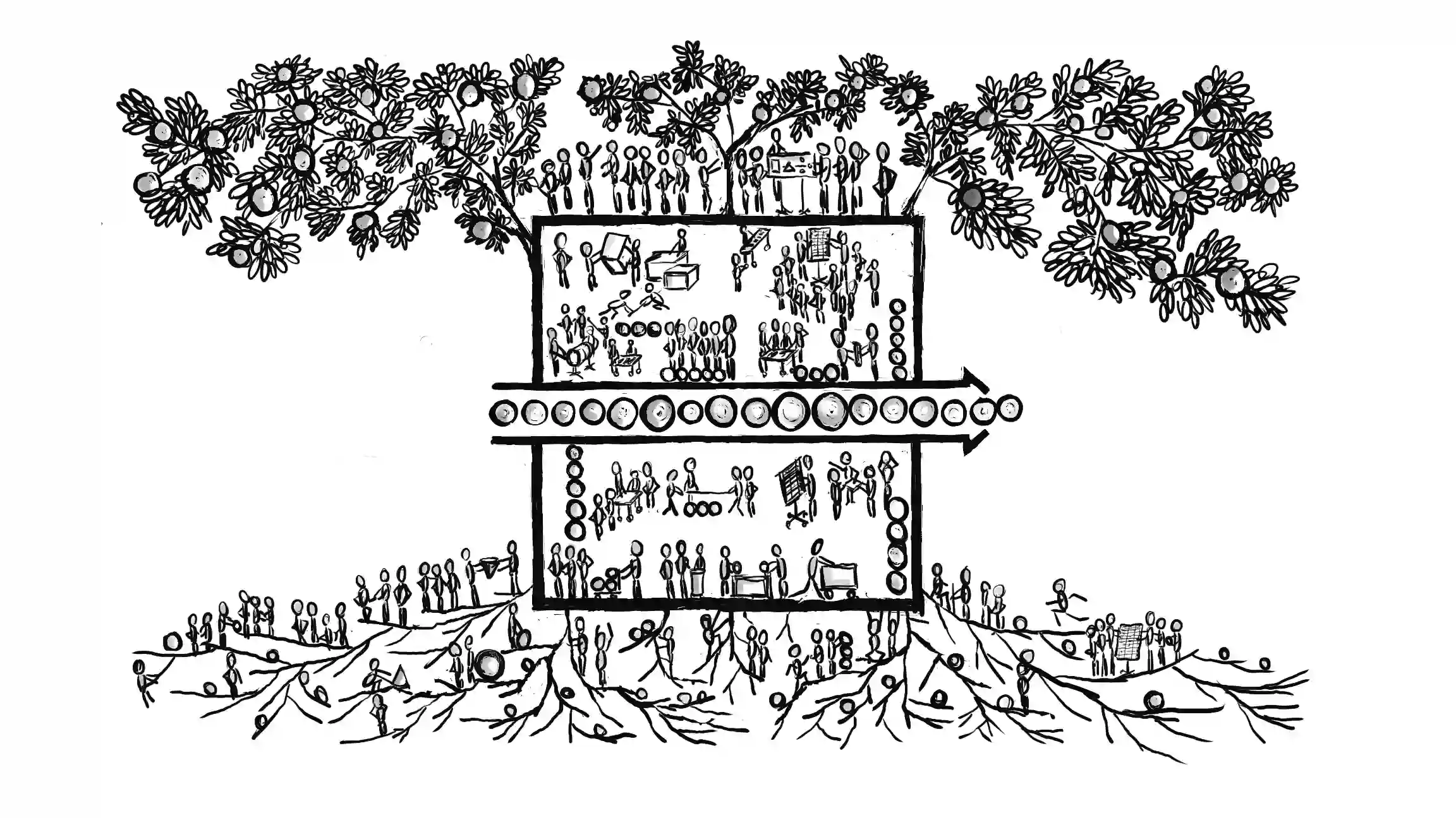Illustration eines Baumes mit Wurzeln, Stamm und Krone: Symbol für Beziehungen, Prozesse und sichtbare Erfolge in Organisationen.