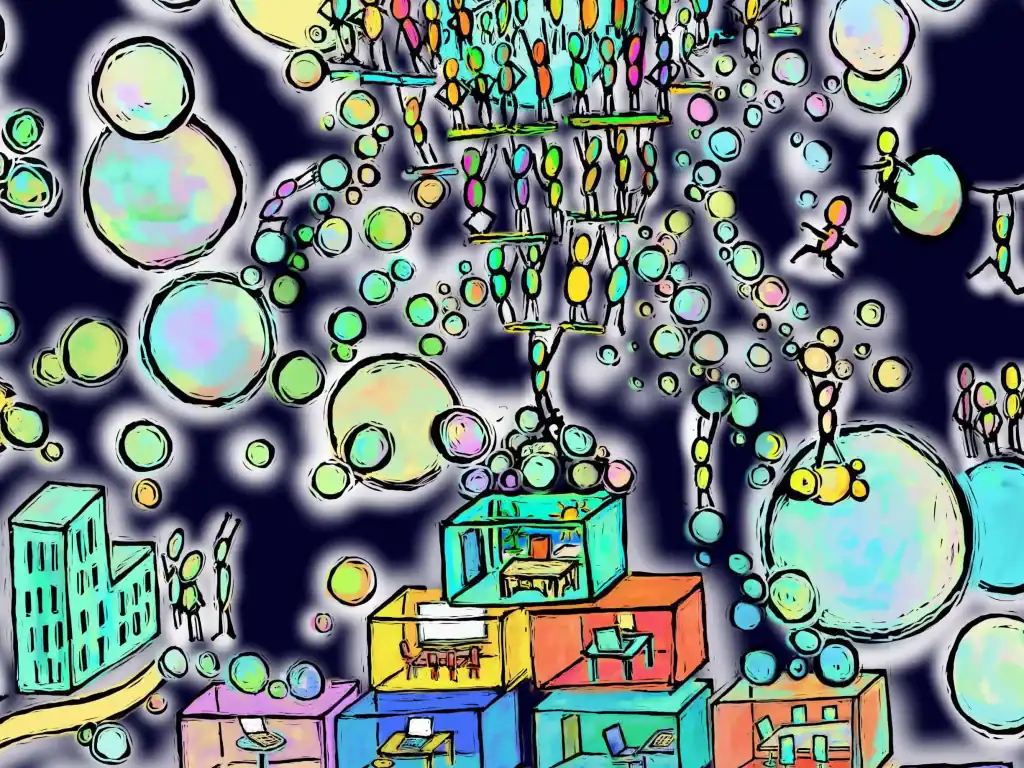 Farbenfrohe Illustration im Skizzenstil auf dunklem Grund: Unten stehen bunte, würfelartige Bürozellen mit Schreibtischen und Rechnern, darüber sind stilisierte Menschenfiguren in Reihen wie ein Organigramm angeordnet. Den ganzen Raum durchziehen schillernde Seifenblasen, die in Ketten das obere und das untere Feld verbinden.