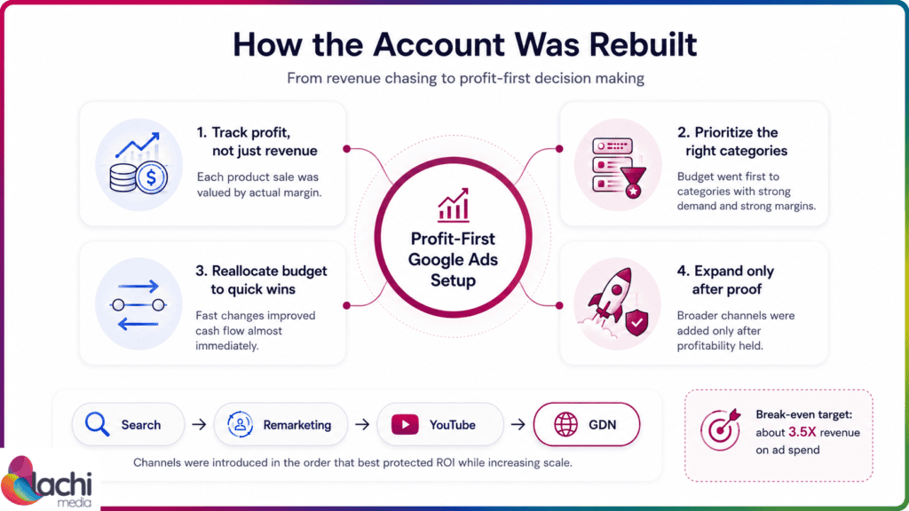 Two-phase Google Ads growth strategy showing profitability first through Search and remarketing, then scaling with YouTube and GDN