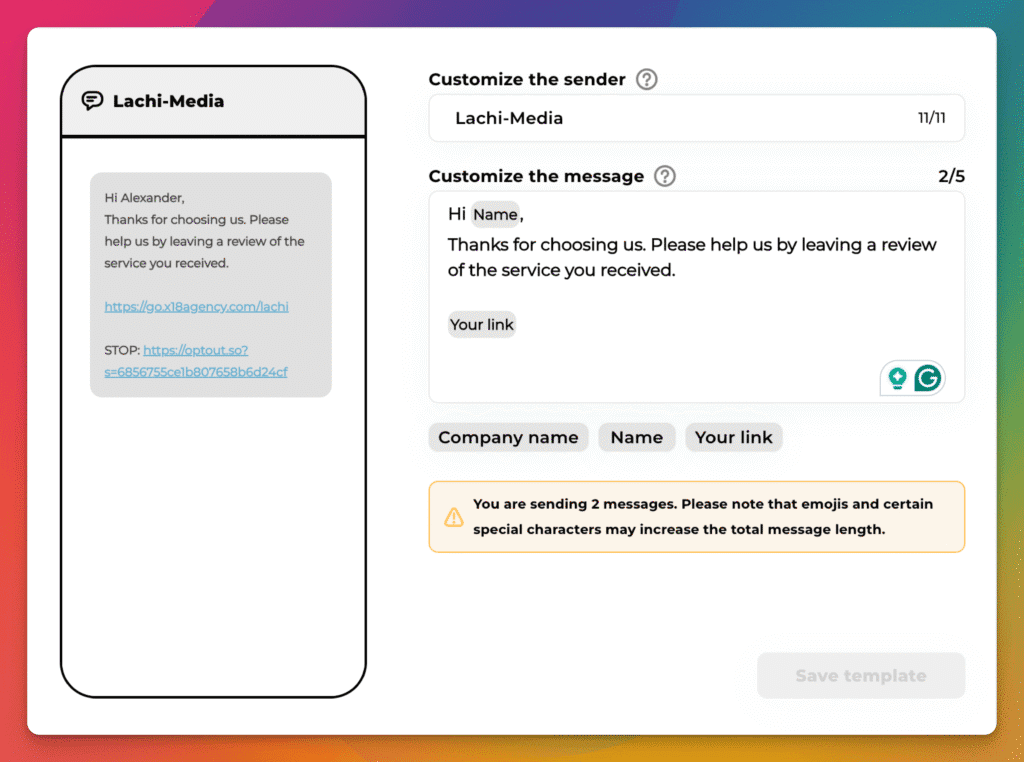 An example for an SMS asking for a review post service