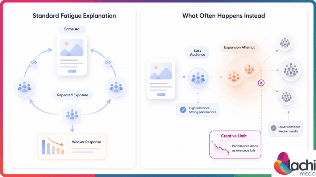 Left side is repeated exposure to the same ad causing weaker response. Right side is the creative working for the easy audience first, then failing as delivery expands.