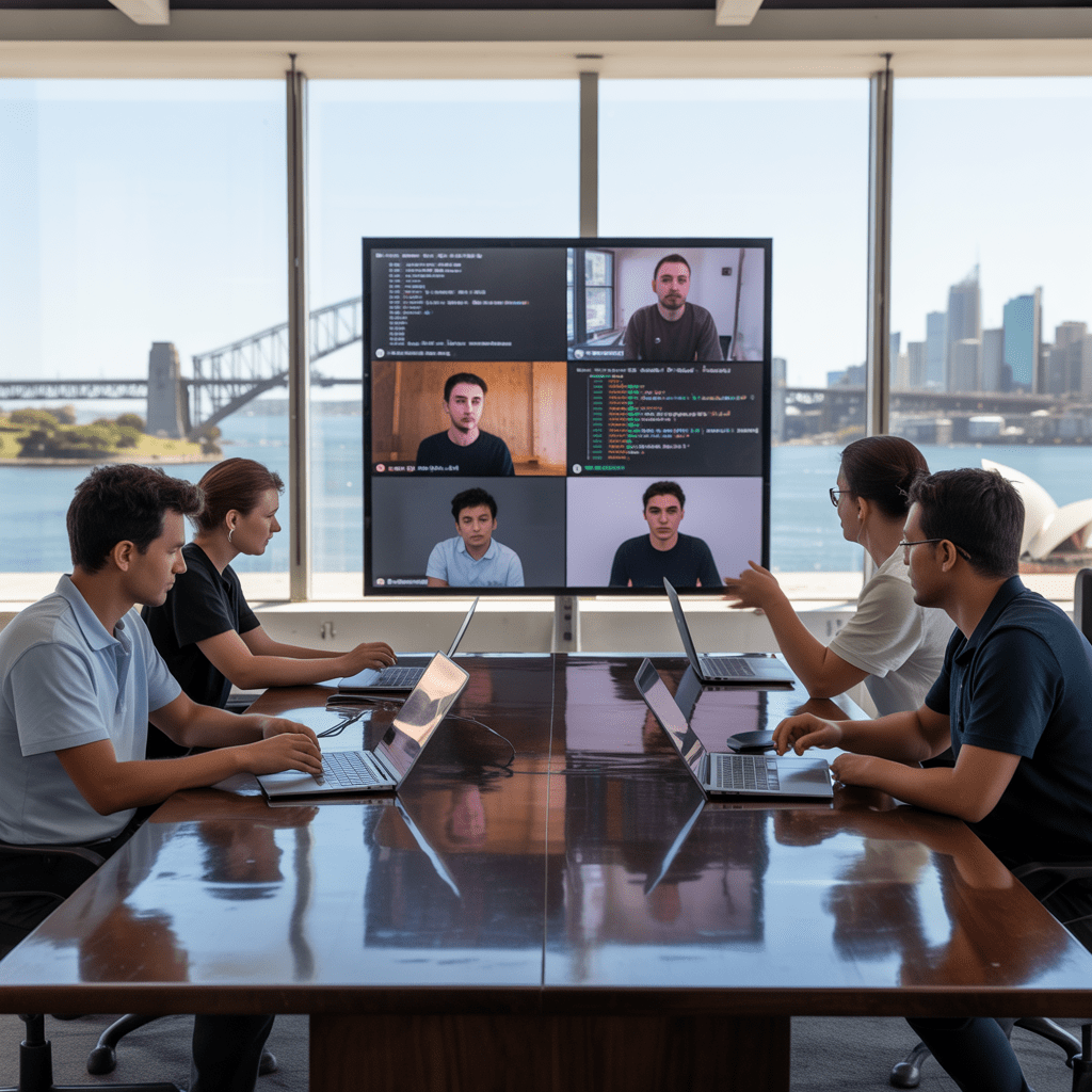 A photo of a modern, minimalist office space in Sydney featuring a diverse tech team with several laptops open on a large, polished wooden table, with video screens showing remote developers as meeting participants.