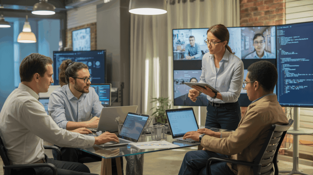 Developers and managers collaborating via remote video call for staff augmentation project