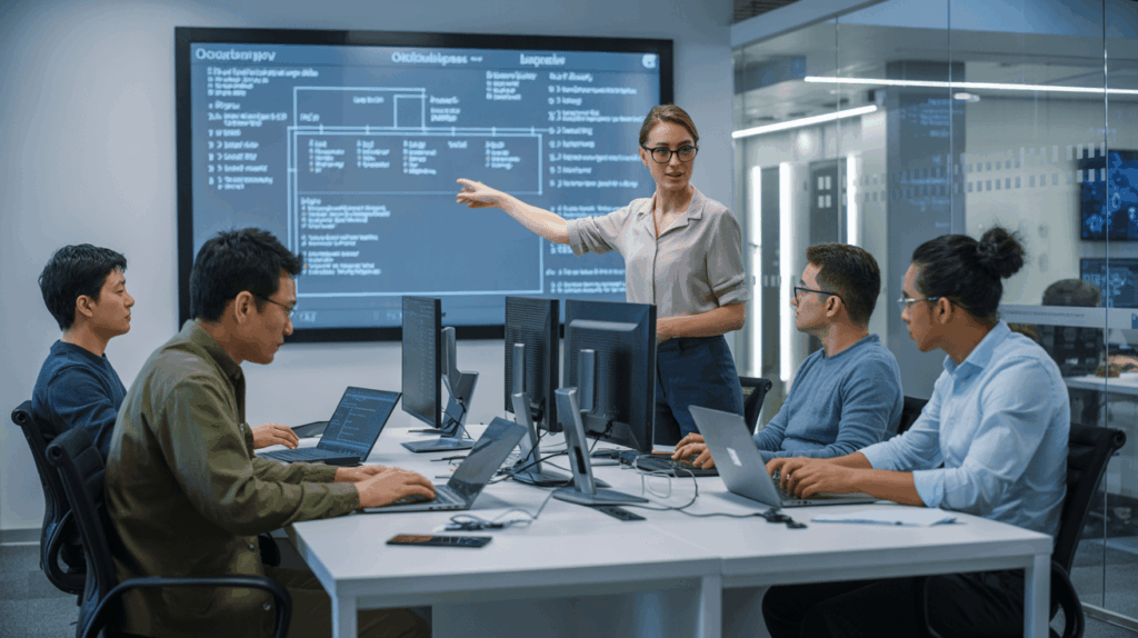 Outsourcing company team working independently on client project in modern office