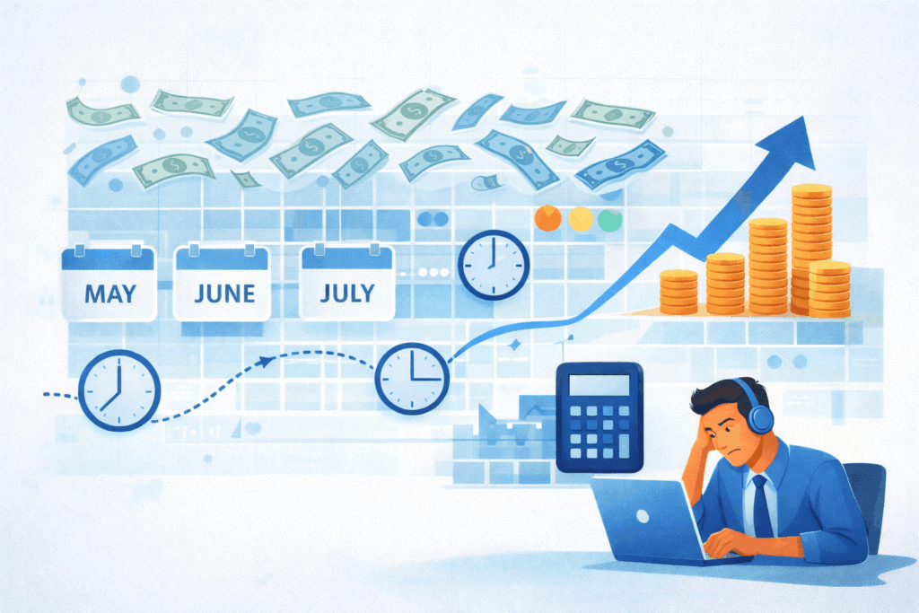 minimalist business illustration showing a long hiring timeline with calendar pages clock icons rising cost arrows and stressed hiring manager at desk Australia tech talent shortage: The Real Cost of Traditional Hiring