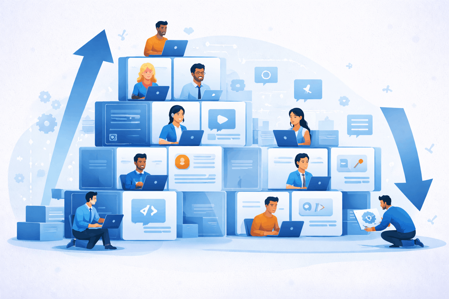 modern illustration of a software team growing and shrinking using modular blocks or cards arrows indicating scalability and