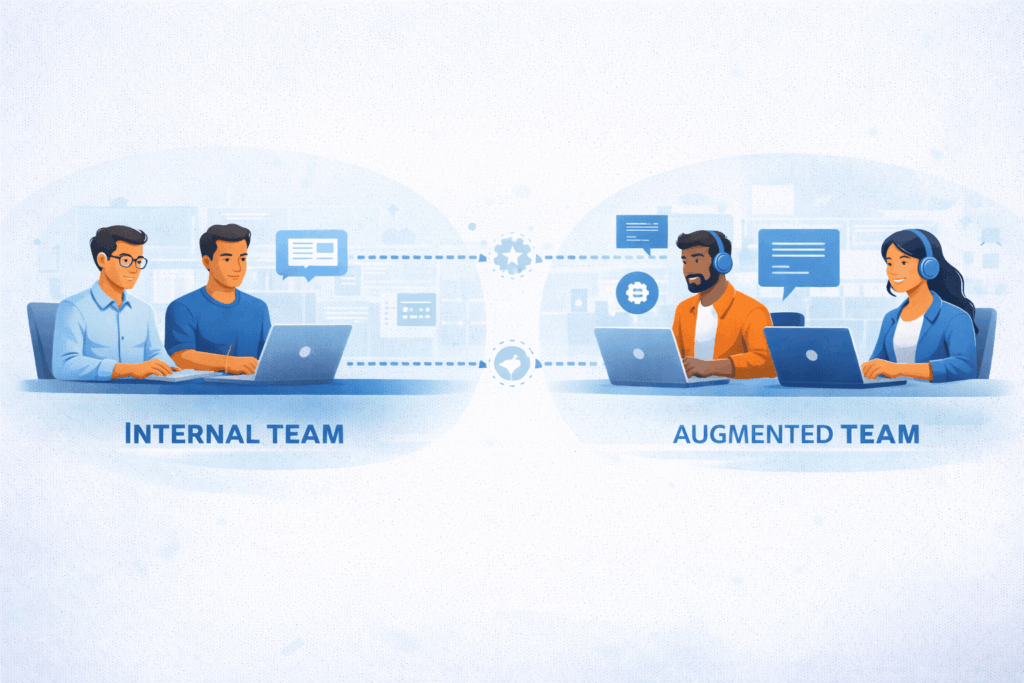 simple illustration of in house tech team connected to external developers as part of the same workflow