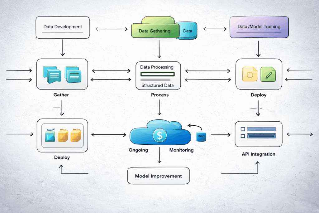 AI development workflow diagram including data pipeline and machine learning model training