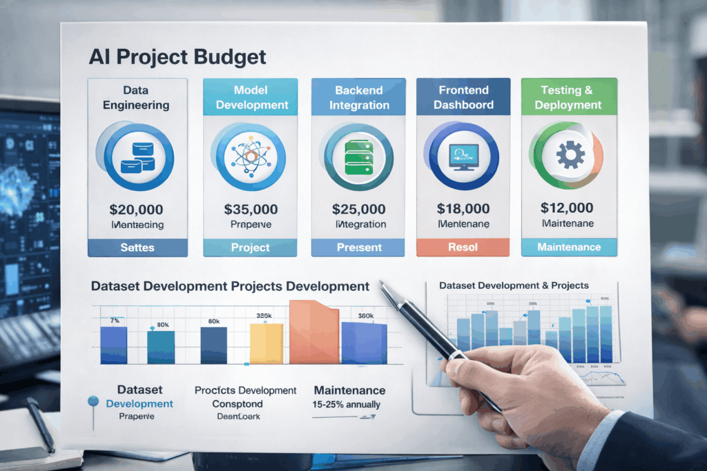 AI project budget breakdown infographic showing development cost distribution AI Development Cost in 2026: sample budget breakdown