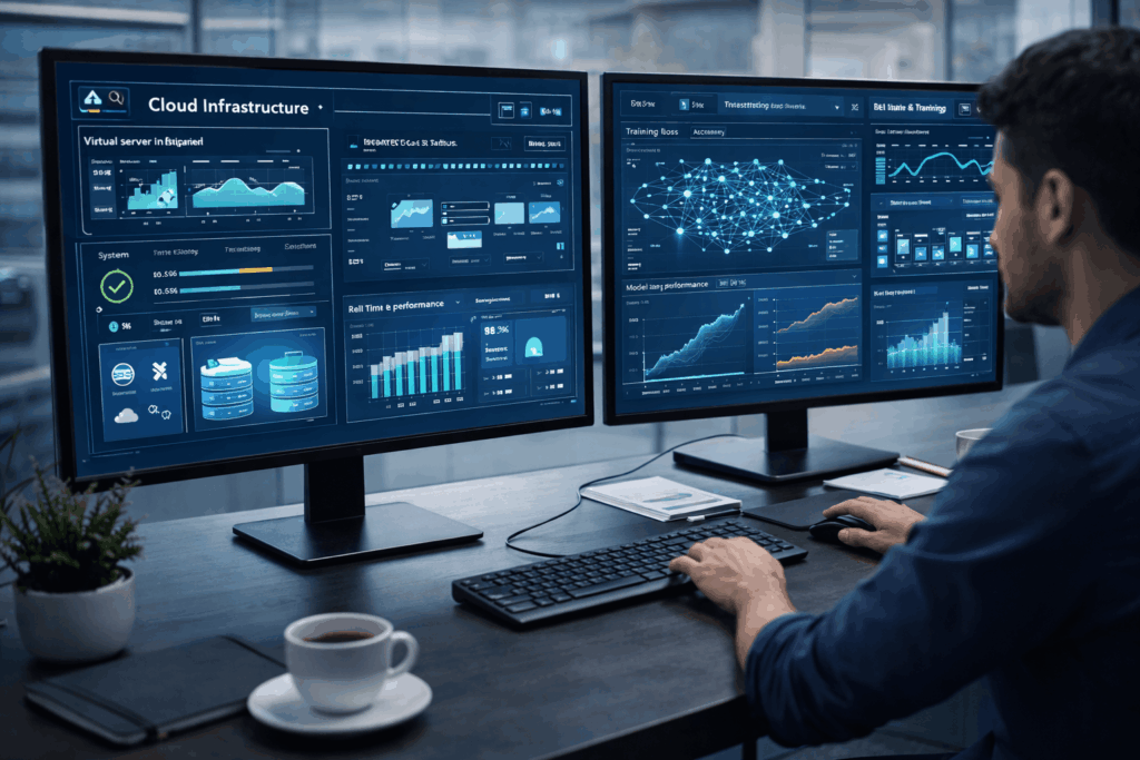 AI system monitoring dashboards showing infrastructure and performance metrics