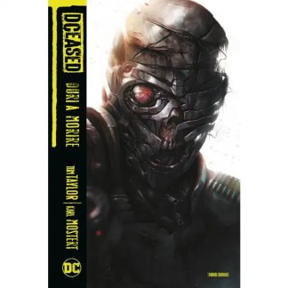 Alt text: Immagine oscura di un supervillain cyborg con occhi rossi e maschera metallica minacciosa.