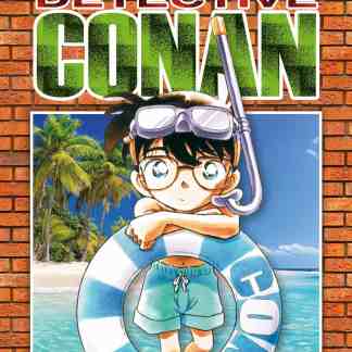 Ragazzo di Detective Conan con occhiali e muta da nuoto in spiaggia tropicale.