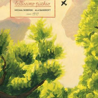 Illustrazione di un picchio sugli alberi verdi e un aereo nel cielo, copertina di un libro di Michał Skibiński.