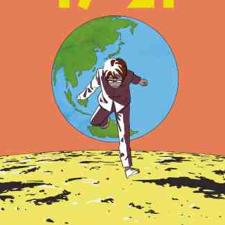 Raffigura un ragazzo che cammina sulla Luna con il pianeta Terra sullo sfondo.