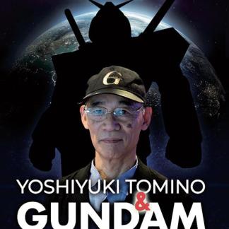 Alt: Ritratto di Yoshiyuki Tomino con Gundam sul sfondo spaziale misterioso.
