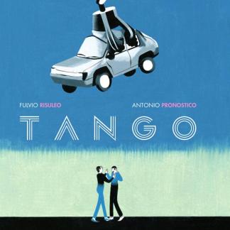 Testo alternativo: Manifesto minimalista con auto, penna e coppia che balla, riferimenti a Tango e autografo di Flavio Risuleo.