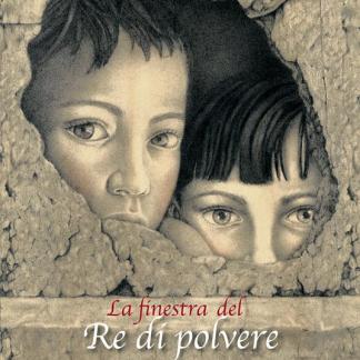 Ritratto di due bambini che spiano attraverso una finestra di pietra, simbolo di curiosità e mistero.