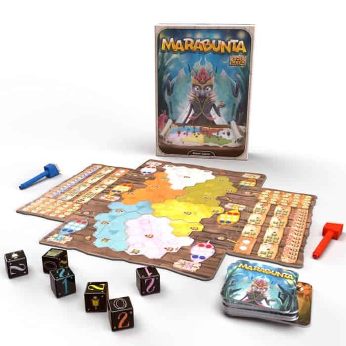 Gioco da tavolo Marabunta, strategia e divertimento con dadi e pedine colorate.