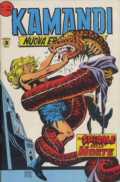Immagine di Kamandi che combatte un mostro con una donna nel fumetto "Kamandi - Nuova Era - Anno zero 36".