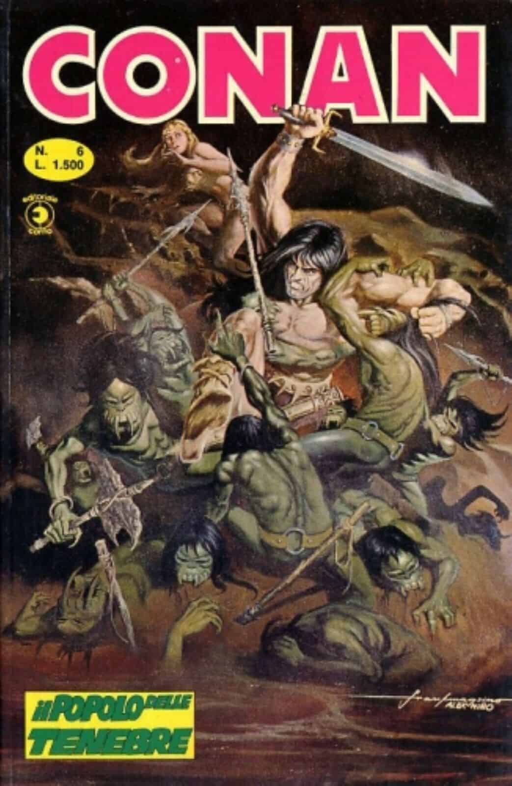 Copertina fumetto Conan con guerrieri e battaglia epica.