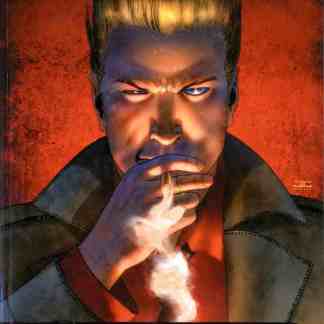 Alt: Copertina fumetto John Constantine, personaggio con sguardo intenso e fumando, sfondo rosso acceso.