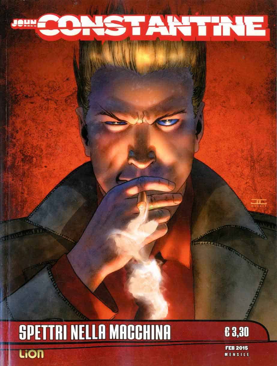 Alt: Copertina fumetto John Constantine, personaggio con sguardo intenso e fumando, sfondo rosso acceso.